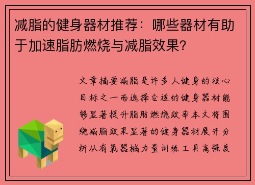 减脂的健身器材推荐：哪些器材有助于加速脂肪燃烧与减脂效果？